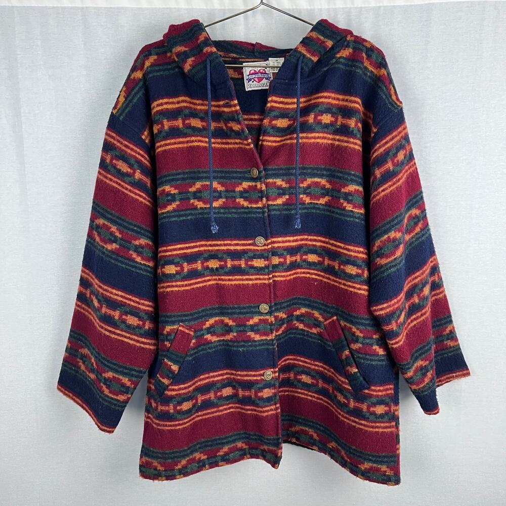 Vintage Southwestern Jacket Oversized Hooded Wool Aztec Western Boho Country